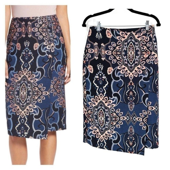 Halogen Women's Brocade Lined Faux Wrap Pencil Skirt Metallic Navy Size 6 - Picture 1 of 11